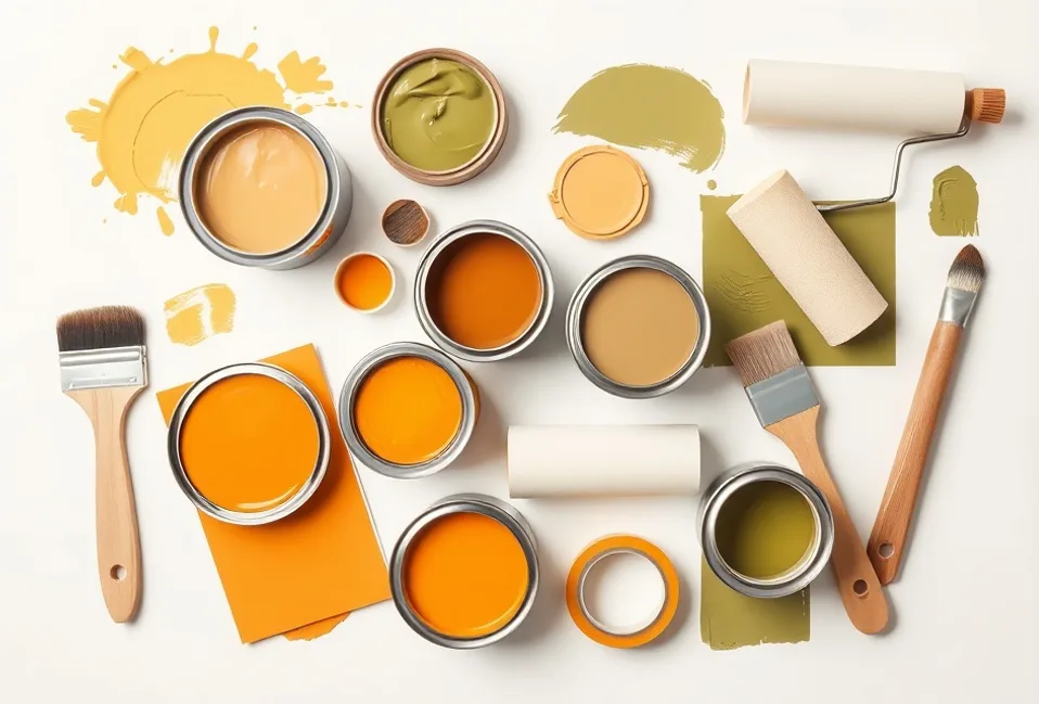 Pots de peinture, nuancier, brosses et rouleaux disposés à plat