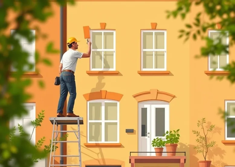 Peintre sur échafaudage traitant la façade d'une maison