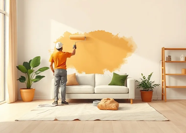 Peintre appliquant la peinture au rouleau sur un mur de salon